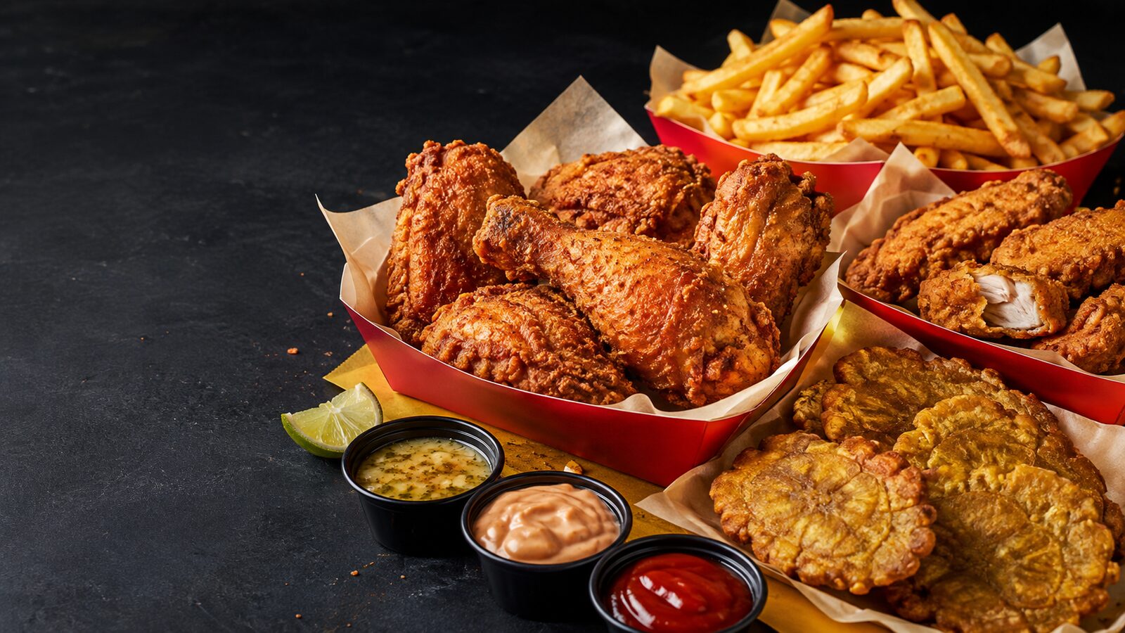 Spread of Dominican pica pollo, chicken strips, fries and tostones in red baskets with wasakaka, pink sauce and ketchup on a black table